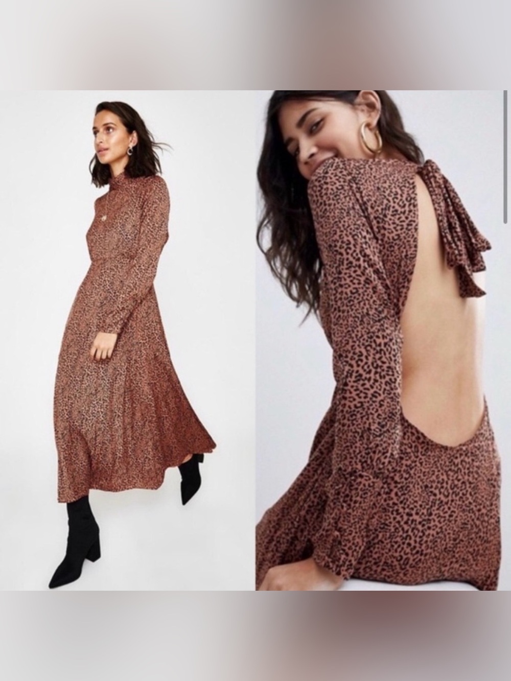 Free People Loveless Midi Dress Size 0 Cocoa Leopard Print Long Sleeve Open Back